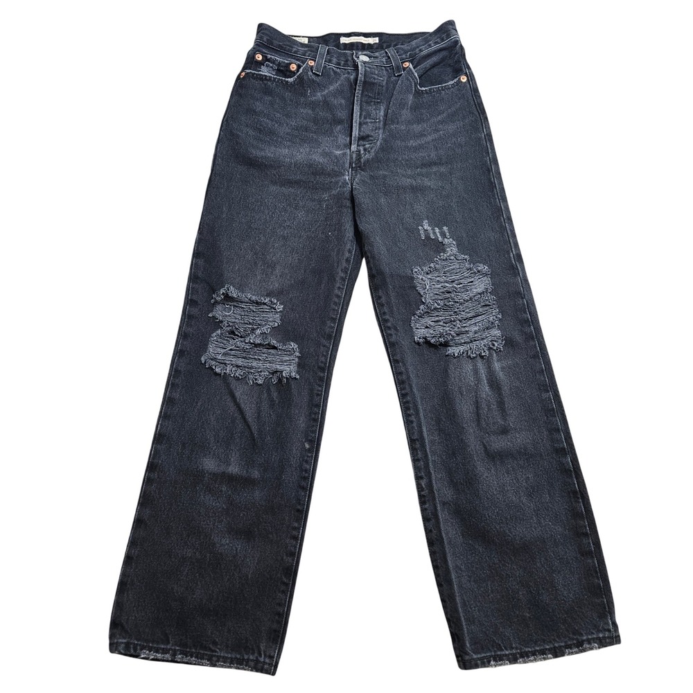 Levis Jeans Ribcage Straight Ankle 26 Black Distressed High Rise 72693-0162